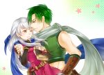  1boy 1girl ;d abs bangle bare_shoulders belt black_gloves black_legwear blue_scarf blush book book_hug bracelet checkered checkered_background couple dress elbow_gloves fingerless_gloves fire_emblem fire_emblem:_radiant_dawn gloves gradient gradient_background green_eyes green_hair hair_ribbon half_updo hetero highres holding holding_book hug jewelry krsk_fe long_hair looking_at_another micaiah_(fire_emblem) midriff nekomarukurosuke one_eye_closed open_mouth pantyhose ribbon scarf side_slit silver_hair sleeveless sleeveless_dress smile sothe_(fire_emblem) sweatdrop twitter_username white_background white_scarf yellow_eyes 