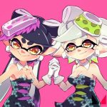  +_+ 2girls aori_(splatoon) artist_logo black_dress black_hair black_jumpsuit breasts brown_eyes chichi_band cleavage closed_mouth collar commentary cousins detached_collar domino_mask dress earrings food food_on_head gloves gradient_hair green_hair grey_hair hotaru_(splatoon) jewelry long_hair looking_at_viewer mask medium_breasts mole mole_under_eye multicolored_hair multiple_girls object_on_head pink_background pointy_ears purple_hair short_dress short_hair small_breasts smile splatoon_(series) splatoon_1 standing strapless strapless_dress sushi tentacle_hair white_collar white_gloves 