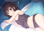  1girl ? black_camisole black_panties blue_eyes blurry breasts brown_hair camisole depth_of_field highres hitoiki lying midriff navel on_bed on_side original panties small_breasts solo stuffed_animal stuffed_shark stuffed_toy underwear underwear_only 