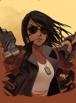  1girl alternate_costume aviator_pharah aviator_sunglasses black_hair commentary dog_tags english_commentary eye_of_horus facial_tattoo hair_tubes jacket leather leather_jacket lips mike_nesbitt overwatch pauldrons pharah_(overwatch) popped_collar solo sunglasses tank_top tattoo thick_eyebrows top_gun upper_body wind 