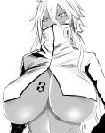  1girl arrancar bleach breast_tattoo breasts dark_skin highres huge_breasts mask megao_3rd monochrome mouth_mask numbered ponytail tattoo tier_harribel underboob underbust white_eyes white_hair 