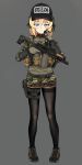  1girl baseball_cap black_legwear blonde_hair blue_eyes camouflage commentary english_commentary escape_from_tarkov full_body gloves gun hat headset highres holding holding_gun holding_weapon holster jizi load_bearing_vest original pantyhose weapon weapon_request 