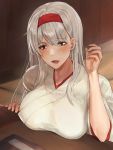  1girl amakaze blush breast_rest breasts brown_eyes hair_ornament hairband headband highres japanese_clothes kantai_collection kimono long_hair long_sleeves looking_at_viewer open_mouth shoukaku_(kantai_collection) silver_hair smile solo white_kimono wide_sleeves 