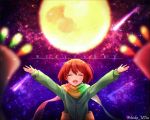  1other artist_name blush_stickers brown_hair chara_(undertale) coat comet commentary_request english_text full_moon green_coat happy moon open_mouth rainbow_scarf scarf shioka_rei short_hair solo star_(sky) storyswap undertale yellow_moon 