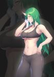  1girl absurdres arknights bare_arms bare_shoulders black_background black_bra black_pants bra breasts cleavage contrapposto cowboy_shot green_hair groin hand_up highres holding holding_towel horn hoshiguma_(arknights) large_breasts leggings long_hair midriff navel pants parted_lips profile simple_background solo sports_bra stomach sweat towel underboob underwear yellow_eyes yumero zoom_layer 