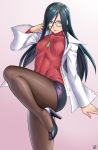  1girl black_hair black_legwear commentary_request earrings finalcake glasses green_eyes high_heels highres jewelry justice_gakuen labcoat leg_up minazuki_kyouko necklace pantyhose pencil_skirt purple_skirt red_sweater ribbed_sweater skirt solo sweater turtleneck 