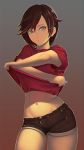  1girl :o absurdres brown_hair chromatic_aberration cowboy_shot grey_background highres midriff navel red_shirt rimviolet ruby_rose rwby shirt shirt_pull short_hair short_shorts shorts silver_eyes solo thighs undressing 