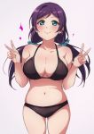  1girl aqua_eyes bikini black_bikini blush breasts cleavage collarbone commentary_request cowboy_shot double_v halterneck large_breasts long_hair love_live! love_live!_school_idol_project low_twintails navel pink_background purple_hair smile solo sparkle swimsuit toujou_nozomi turkey_min twintails v 