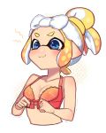  1girl :t adjusting_bra adjusting_clothes blonde_hair blush bra breasts cleavage closed_mouth commentary_request cropped_torso domino_mask fume highres inkling lace lace-trimmed_bra mask medium_breasts nou orange_bra pointy_ears short_hair smile solo splatoon_(series) tearing_up tentacle_hair tied_hair towel towel_on_head trembling twitter_username underwear upper_body wavy_mouth white_background 
