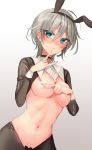  1girl :&lt; anastasia_(idolmaster) animal_ears areola_slip areolae bangs black_legwear blue_eyes blush breast_press breasts bunny_ears choker collared_shirt commentary_request covering covering_breasts embarrassed eyebrows_visible_through_hair finger_to_chin frown gradient gradient_background grey_hair hair_between_eyes hairband highres idolmaster idolmaster_cinderella_girls long_sleeves looking_at_viewer medium_breasts navel nipple_slip nipples pantyhose reverse_bunnysuit reverse_outfit rum_raisin_(chihiromakita19) shirt short_hair solo sweat sweatdrop underboob upper_body 