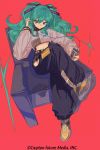  1girl alternate_costume aqua_eyes aqua_hair baggy_pants black_panther chair crop_top crossed_legs english_text flat_color full_body grey_shirt hairband hatsune_miku highres hip_vent kogecha_(coge_ch) ligne_claire long_hair long_sleeves looking_at_viewer midriff navel original panther pants red_background shirt shoes simple_background solo vocaloid 