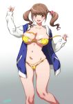  1girl :d alternate_breast_size bangs bikini breasts brown_eyes brown_hair cleavage commentary_request covered_nipples eyebrows_visible_through_hair gradient gradient_background groin healin&#039;_good_precure heart hiramitsu_hinata joy_ride large_breasts navel open_mouth precure pussy_peek smile solo swimsuit teeth yellow_bikini 