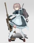 1girl alternate_costume anti-materiel_rifle apron backpack bag bangs blue_dress blue_neckwear bolt_action brown_hair cheytac_m200 collared_dress commentary_request dress enmaided frilled_apron frilled_skirt frills full_body girls_frontline gradient gradient_background gun hair_ribbon headset highres holding holding_gun holding_weapon holster m200_(girls_frontline) maid maid_headdress mary_janes no_gloves off_shoulder oxyuno0718 pink_eyes ribbon rifle scope shadow shoes sidelocks skirt sniper_rifle solo sweatdrop thigh_holster thighhighs weapon white_legwear 