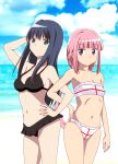  2girls absurdres achmad_faisal bangs beach bikini bikini_skirt black_bikini blue_hair blue_sky breasts closed_mouth cloud day eyebrows_visible_through_hair frilled_bikini frills frown green_eyes hand_in_hair hand_on_hip highres locked_arms magia_record:_mahou_shoujo_madoka_magica_gaiden mahou_shoujo_madoka_magica medium_breasts multiple_girls nanami_yachiyo navel ocean pink_hair shiny shiny_hair sky small_breasts smile standing swimsuit tamaki_iroha white_bikini yuri 