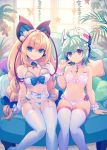  2girls ahoge artist_request azure_striker_gunvolt bare_shoulders blonde_hair bow bow_panties braid breasts commentary detached_collar garter_belt gloves green_eyes green_hair highres indoors lingerie long_hair lumen_(gunvolt) medium_breasts multicolored_hair multiple_girls navel official_art open_mouth panties plant red_hair roro_(gunvolt) short_hair sitting small_breasts smile stomach tagme thighhighs third-party_edit third-party_source two-tone_hair underwear waifu2x white_gloves 