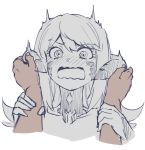  1girl 1other au_ra blush collarbone eyebrows_visible_through_hair face final_fantasy final_fantasy_xiv fingernails greyscale horns ishii_hisao long_hair monochrome open_mouth simple_background sketch surprised tongue white_background 