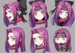  1girl :d :o :t bangs black_bow black_gloves black_leotard blush blush_stickers bow chibi closed_mouth collar commentary_request eyebrows_visible_through_hair fate/grand_order fate_(series) forehead gloves grey_background hair_bow headpiece leotard long_hair looking_at_viewer looking_away medusa_(lancer)_(fate) minami_koyogi multiple_views open_mouth parted_bangs ponytail pout purple_eyes purple_hair red_collar rider riyo_(lyomsnpmp)_(style) simple_background smile vambraces 