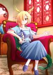  1girl aospanking armchair bangs blonde_hair blue_footwear blue_shirt blue_skirt chair collarbone crossed_legs dragon_horns frown full_body hair_over_one_eye horns kicchou_yachie lattice looking_at_viewer pleated_skirt red_eyes round_window shirt short_hair short_sleeves sitting skirt socks tail touhou turtle_shell vase white_legwear window 