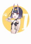  1girl :d breasts dan_evan diadem fang fate/grand_order fate_(series) hands_up highres looking_at_viewer open_mouth paw_pose paw_print purple_eyes purple_hair short_hair shuten_douji_(fate/grand_order) small_breasts smile solo upper_body wristband yellow_background 