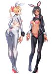  2girls :d absurdres animal_ears bangs black_footwear black_hair blonde_hair blunt_bangs blush bow bowtie breasts brown_eyes bunny_ears bunny_girl bunny_tail commentary_request covered_nipples dark_skin eyebrows_visible_through_hair fake_animal_ears fake_tail from_behind full_body green_eyes grin groin hair_between_eyes hair_bow heart_pasties high_heels highres long_hair looking_at_viewer maebari medium_breasts multiple_girls navel open_mouth original pasties pink_bow pink_lips pink_neckwear ponytail revealing_clothes reverse_bunnysuit reverse_outfit saruchitan shrug_(clothing) sidelocks simple_background smile stomach swept_bangs tail teeth white_background white_footwear wrist_cuffs 