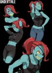  1girl :3 abs bad_link bicycle bike_shorts denim eyepatch ground_vehicle highres jeans kamezaemon muscle muscular_female pants red_hair smile undertale undyne 