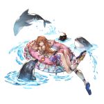  1girl armlet ass bikini blue_eyes bracelet braid brown_hair bubble dolphin granblue_fantasy hat jewelry lecia_(granblue_fantasy) long_hair minaba_hideo official_art peaked_cap sandals simple_background swimsuit water 