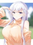  1girl alternate_costume azur_lane belfast_(azur_lane) blue_eyes blue_sky blurry blurry_background blush braid breasts casual cloud eyebrows_visible_through_hair french_braid grass highres large_breasts long_hair looking_at_viewer quiet silver_hair sky solo tree 