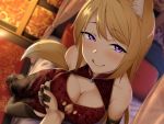  1girl animal_ears aoi_chizuru bare_shoulders black_gloves black_legwear blonde_hair blurry blurry_background blush breast_grab breasts china_dress chinese_clothes cleavage cleavage_cutout closed_mouth dress elbow_gloves eyebrows_visible_through_hair fox_ears fox_tail gloves grabbing guided_breast_grab highres indoors kitsune long_hair looking_at_viewer medium_breasts mole mole_under_eye naughty_face non-web_source on_bed original pov print_dress purple_eyes red_dress solo tail thighhighs tongue tongue_out 