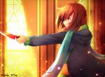  1other artist_name blue_hoodie blush_stickers brown_eyes brown_hair chara_(undertale) coat commentary_request eyebrows_visible_through_hair green_sweater highres holding holding_knife jacket knife rainbow_scarf scarf shioka_rei short_hair storyswap striped striped_sweater sunlight sweater torn_clothes undertale window 