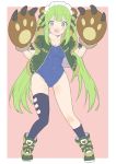  1girl :d absurdres animal_ears animare asymmetrical_legwear bear_ears bear_paws boots bow breasts covered_navel donguri_suzume full_body gloves green_bow green_eyes green_footwear green_hair green_jacket hair_bow hairband hands_up heart heart_in_mouth highres hinokuma_ran jacket long_hair looking_at_viewer medium_breasts one-piece_swimsuit open_clothes open_jacket open_mouth paw_gloves paws short_sleeves sidelocks single_sock single_thighhigh smile socks solo swimsuit thighhighs twintails very_long_hair virtual_youtuber 