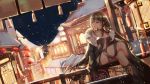  1girl architecture bangs black_choker black_dress black_hair chinese_commentary choker commentary_request consort_yu_(fate) crossed_legs dress east_asian_architecture evening fate/grand_order fate_(series) lantern long_hair looking_to_the_side night night_sky paper_lantern qie_(25832912) railing red_eyes sidelocks sitting sky snowing solo 