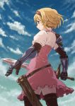  1girl armor blonde_hair blue_sky closed_mouth cowboy_shot djeeta_(granblue_fantasy) dress from_behind gauntlets granblue_fantasy hairband highres holding holding_sword holding_weapon horyuu outdoors pink_dress pink_hairband puffy_sleeves short_hair sky solo standing sword thighhighs unsheathed weapon 