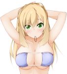  1girl arms_up bangs bare_arms bare_shoulders bikini blonde_hair blue_bikini blush breasts cleavage closed_mouth commentary_request eyebrows_visible_through_hair eyepatch_bikini green_eyes hair_between_eyes hair_tie hair_tie_in_mouth hinata_masaki large_breasts long_hair looking_at_viewer mouth_hold original simple_background skindentation solo swimsuit tying_hair upper_body white_background 