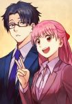  1boy 1girl bangs black_eyes blue_jacket blue_neckwear brown_eyes collared_shirt eyebrows_visible_through_hair formal hankuri jacket long_hair momose_narumi necktie nifuji_hirotaka open_mouth otaku_ni_koi_wa_muzukashii pink_jacket pink_shirt shirt short_hair smile suit upper_body v white_shirt yellow_background 