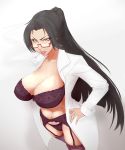  1girl angry bra breasts cleavage garter_belt garter_straps glasses hands_on_hips highres labcoat lingerie long_hair mature nofuture nurse original panties parted_lips ponytail purple_bra purple_legwear purple_panties semi-rimless_eyewear smoke smoking under-rim_eyewear underwear yellow_eyes 