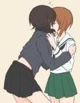  2girls arm_grab bangs black_neckwear black_skirt blouse blush brown_hair collar_grab dress_shirt girls_und_panzer grey_shirt incest kiss kuromorimine_school_uniform leaning_forward long_sleeves miniskirt multiple_girls mutsu_(layergreen) neckerchief nishizumi_maho nishizumi_miho ooarai_school_uniform pleated_skirt school_uniform serafuku shirt short_hair siblings simple_background sisters skirt standing white_blouse yellow_background yuri 