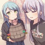  2girls :3 ahoge aiba_aina aqua_hair ayasaka bang_dream! bangs barrel black_shirt cat_ear_headphones character_doll clothes_writing commentary green_eyes grey_hair half-closed_eyes headphones hikawa_sayo holding kudou_haruka_(seiyuu) long_hair long_sleeves minato_yukina multiple_girls open_mouth overalls photo-referenced pop-up_pirate red_hair seiyuu_connection shirt symbol_commentary upper_body v-shaped_eyebrows vans 