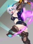  1girl armpits ass bare_shoulders breasts dragon:_marked_for_death empress_(dmfd) highres midriff open_mouth protected_link short_hair solo strapless sword tubetop ukimukai weapon white_hair 