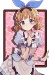  1girl alice_(alice_in_wonderland) alice_(alice_in_wonderland)_(cosplay) alice_in_wonderland aru_(116aru) bangs blue_eyes blunt_bangs blush border bow brick brown_hair cosplay dress eyebrows_visible_through_hair framed frilled_dress frills frown hair_bow highres idolmaster idolmaster_million_live! idolmaster_million_live!_theater_days looking_at_viewer outside_border pinafore_dress puffy_short_sleeves puffy_sleeves short_sleeves solo suou_momoko tears twintails white_border wrist_cuffs 