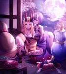  2girls absurdres alcohol ass bangs bare_shoulders blonde_hair blush bob_cut breasts cherry_blossoms collarbone cup eyeliner facial_mark fate/grand_order fate_(series) food forehead forehead_mark fruit fruit_bowl full_moon gourd grapes hair_pulled_back headpiece highres horns huge_filesize ibaraki_douji_(fate/grand_order) japanese_clothes kimono knee_up kneeling large_breasts leaning_forward legs long_hair long_sleeves looking_at_viewer makeup moon multiple_girls night night_sky oni oni_horns open_clothes open_kimono open_mouth peach petals purple_eyes purple_hair purple_kimono revealing_clothes sakazuki sake short_eyebrows short_hair shuten_douji_(fate/grand_order) sitting skin-covered_horns sky smile tattoo wide_sleeves yellow_eyes yellow_kimono yeomin_s7 