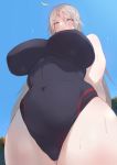  1girl :&lt; absurdres agovitch ahoge arms_behind_back bad_perspective bangs bare_shoulders black_swimsuit blue_sky blurry blurry_background blush breasts closed_mouth commentary_request competition_swimsuit covered_navel cowboy_shot curvy day depth_of_field eyebrows_visible_through_hair foreshortening from_below frown grey_eyes hair_between_eyes highres huge_breasts impossible_clothes impossible_swimsuit long_hair looking_at_viewer looking_down one-piece_swimsuit original outdoors perspective scowl sidelocks silver_hair skin_tight sky solo standing swimsuit thick_thighs thighs tree v-shaped_eyebrows very_long_hair water water_drop wet 