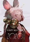  1girl 2020 animal_ears bangs bell braid braided_ponytail burari chinese_zodiac grey_background happy_new_year highres holding holding_mallet mouse_ears multicolored_hair new_year original red_eyes red_hair single_braid solo star upper_body white_hair year_of_the_rat 