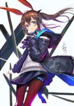  1girl amiya_(arknights) animal_ears arknights black_coat blue_eyes blue_skirt brown_hair brown_legwear bunny_ears coat cowboy_shot floating_hair frilled_shirt_collar frills hair_between_eyes hand_on_own_chest hooded_coat jewelry long_hair long_sleeves looking_at_viewer miniskirt multiple_rings neck_ring pantyhose parted_lips plaid plaid_skirt ponytail ribbed_sweater ring signature simple_background skirt solo sweater thigh_strap thumb_ring white_background white_sweater yamahara 