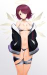  1girl absurdres angel arknights bare_shoulders bikini black_choker black_jacket blush breasts choker energy_wings exusiai_(arknights) gappt hair_over_one_eye halo hands_in_pockets highres jacket looking_at_viewer medium_breasts midriff navel off_shoulder open_clothes open_jacket purple_hair red_eyes red_hair short_hair skindentation smile solo swimsuit thigh_gap thigh_strap thighs wet wings 
