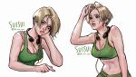  1girl artist_name bra breasts brown_hair cleavage collage green_bra headphones headphones_around_neck highres iq_(rainbow_six_siege) lips medium_breasts pink_bra pixie_cut rainbow_six_siege short_hair solo sports_bra suisui_again toned twitter_username underwear 