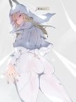  1girl agovitch artist_request ass ass_focus back blonde_hair blue_eyes closed_mouth final_fantasy final_fantasy_xiv fingernails highres long_fingernails long_hair looking_back puffy_sleeves ryne shaded_face solo source_request speech_bubble translation_request 