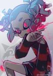  1girl black_shorts blue_hair commentary_request domino_mask eyes_visible_through_hair glaring glowing glowing_eyes highres long_sleeves looking_to_the_side mask nou off_shoulder one_knee paint_splatter pointy_ears red_eyes red_shirt red_sole-chan_(splatoon) shirt short_shorts short_twintails shorts solo splatoon_(manga) splatoon_(series) striped striped_shirt t-shirt twintails twitter_username wiping_face 