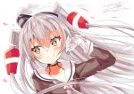  1girl amatsukaze_(kantai_collection) blush brown_dress brown_eyes dress gloves hair_ornament hair_tubes hairband highres hizaka kantai_collection long_hair looking_at_viewer sailor_dress silver_hair simple_background smile solo thighhighs twitter_username two_side_up white_background white_gloves windsock 