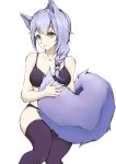  1girl animal_ears arknights bangs bare_arms bare_shoulders bra braid breasts collarbone commentary feet_out_of_frame hair_over_shoulder highres long_hair looking_at_viewer medium_breasts panties parted_lips provence_(arknights) purple_bra purple_hair purple_legwear purple_panties senmiao simple_background single_braid sitting solo tail thighhighs thighs underwear white_background wolf_ears wolf_tail yellow_eyes 