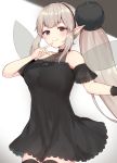  1girl absurdres bare_shoulders black_dress black_legwear blush breasts cleavage cleavage_cutout closed_mouth commentary_request cowboy_shot dot_nose dress elu_(nijisanji) eyebrows_visible_through_hair fairy_wings finger_to_mouth grey_hair hair_ornament hand_up heart_cutout highres large_breasts long_hair looking_at_viewer nijisanji racchi. red_eyes short_sleeves smile solo standing thighhighs very_long_hair virtual_youtuber wings 